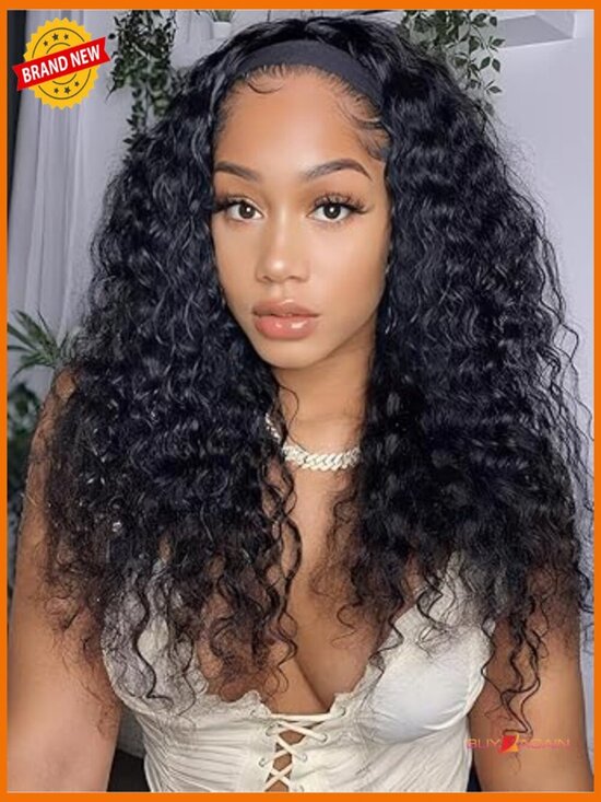 Water Wave Headband Wig Human Hair 150% Density Drawstring No-Slip main image 5